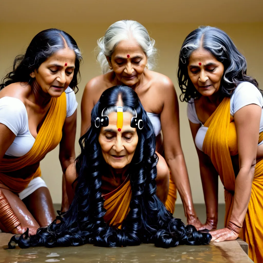 indian kali temple,three aged eldery indian ladies in sarees,unnatural unreal wiered black 3c curly hairs like black springs,it ...