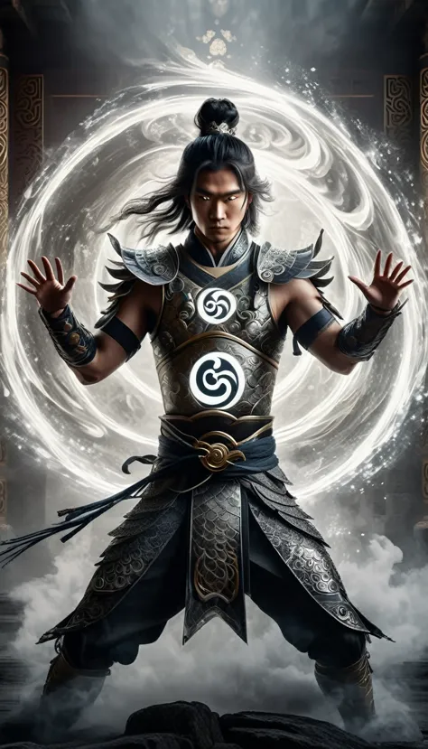 generate an awe-inspiring image of a powerful warrior standing in a dynamic stance, holding a glowing chi symbol between his han...