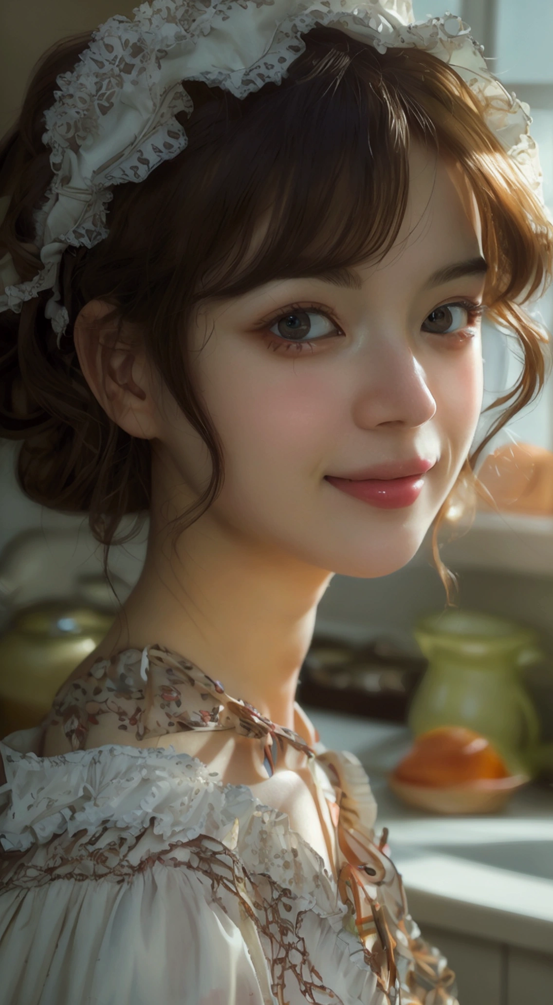 (8ก, best quality, Masterpiece: 1.2), (realistic, realistic, photorealistic: 1.37), 1 woman, hyper detail, beautiful eye details, Beautiful, detailed nose, (((1 girl))), Lolita dress, 7 minutes, kitchen, smile,