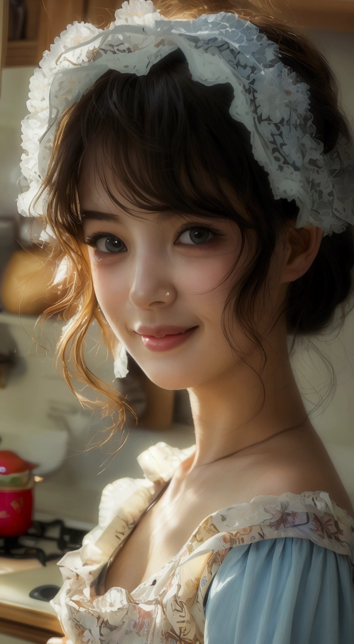 (8ก, best quality, Masterpiece: 1.2), (realistic, realistic, photorealistic: 1.37), 1 woman, hyper detail, beautiful eye details, Beautiful, detailed nose, (((1 girl))), Lolita dress, 7 minutes, kitchen, smile,