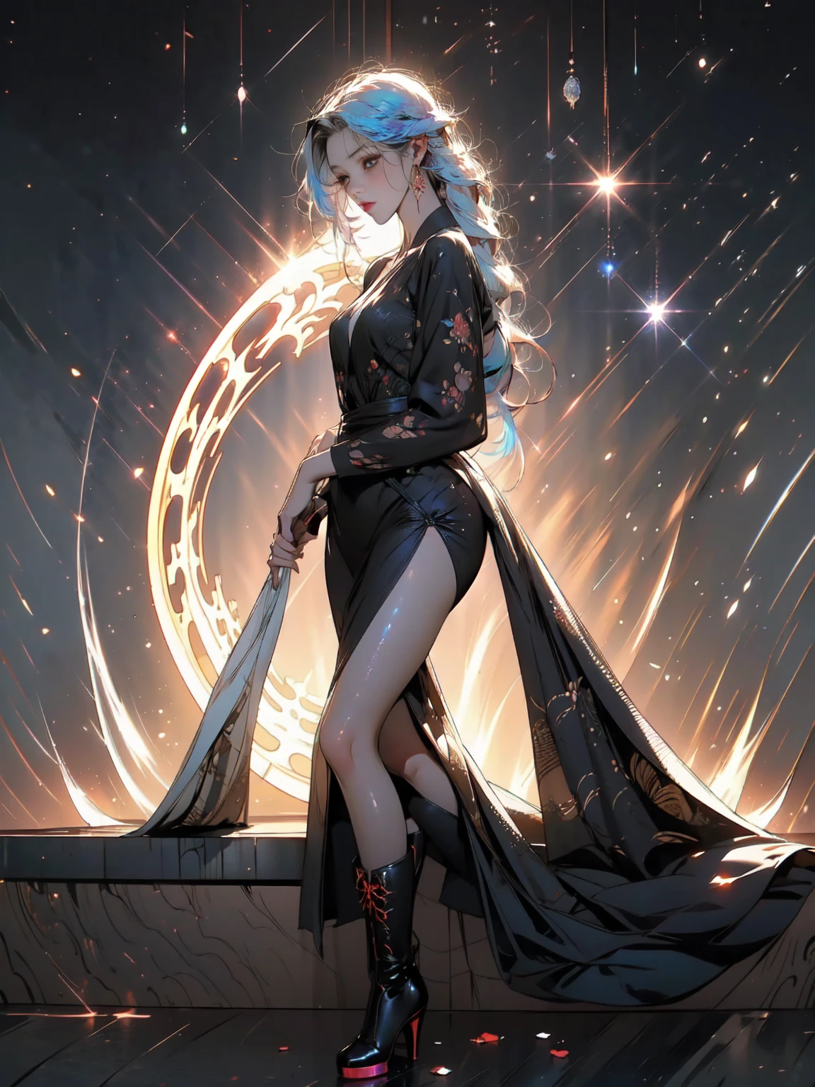 Girl with long white hair down to her waist, with small red details, red eyes, long black dress with a leg slit, with red details, long black boots up to below the knees, white skin, the ground around her is cracking and small stones are floating around her surrounded by a black aura, she is surrounded by shadows, and the background is dark like the night with the universe and stars, her presence causes fear, her shadow appears to be a monster, 8k, high quality, full body, (ultra-realistic), {extremely detailed 8k CG unit wallpaper}, expansive landscape photograph, (light: 2.0), (warm light source: 1.5), complex details, (iridescent colors: 1.5), (bright lighting), (atmospheric lighting), surreal, impressive, fantasy, (Solo: 1.2), White moon