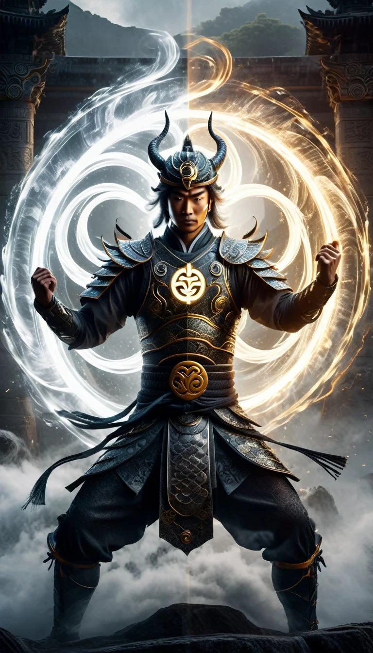 Generate an awe-inspiring image of a powerful warrior standing in a dynamic stance, holding a glowing Chi symbol between his hands, which emanates vibrant energy waves. The Chi symbol should be intricate, surrounded by swirling golden and ethereal light, symbolizing the balance of energy. The warrior’s attire should be traditional and ornate, with intricate details in the armor reflecting the light from the Chi. Behind the warrior, create two dragons—one white and one black—coiled in a yin-yang pattern, their scales shimmering as they radiate energy, representing the duality of forces. The background should be a mystical, fog-covered landscape with subtle ancient ruins and symbols, emphasizing the mystical and ancient power the warrior commands. The lighting should be dramatic, with shadows highlighting the warrior’s intense expression and the detailed design of the Chi symbol, creating a sense of both calm and immense power.