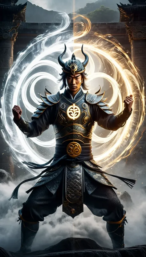 generate an awe-inspiring image of a powerful warrior standing in a dynamic stance, holding a glowing chi symbol between his han...