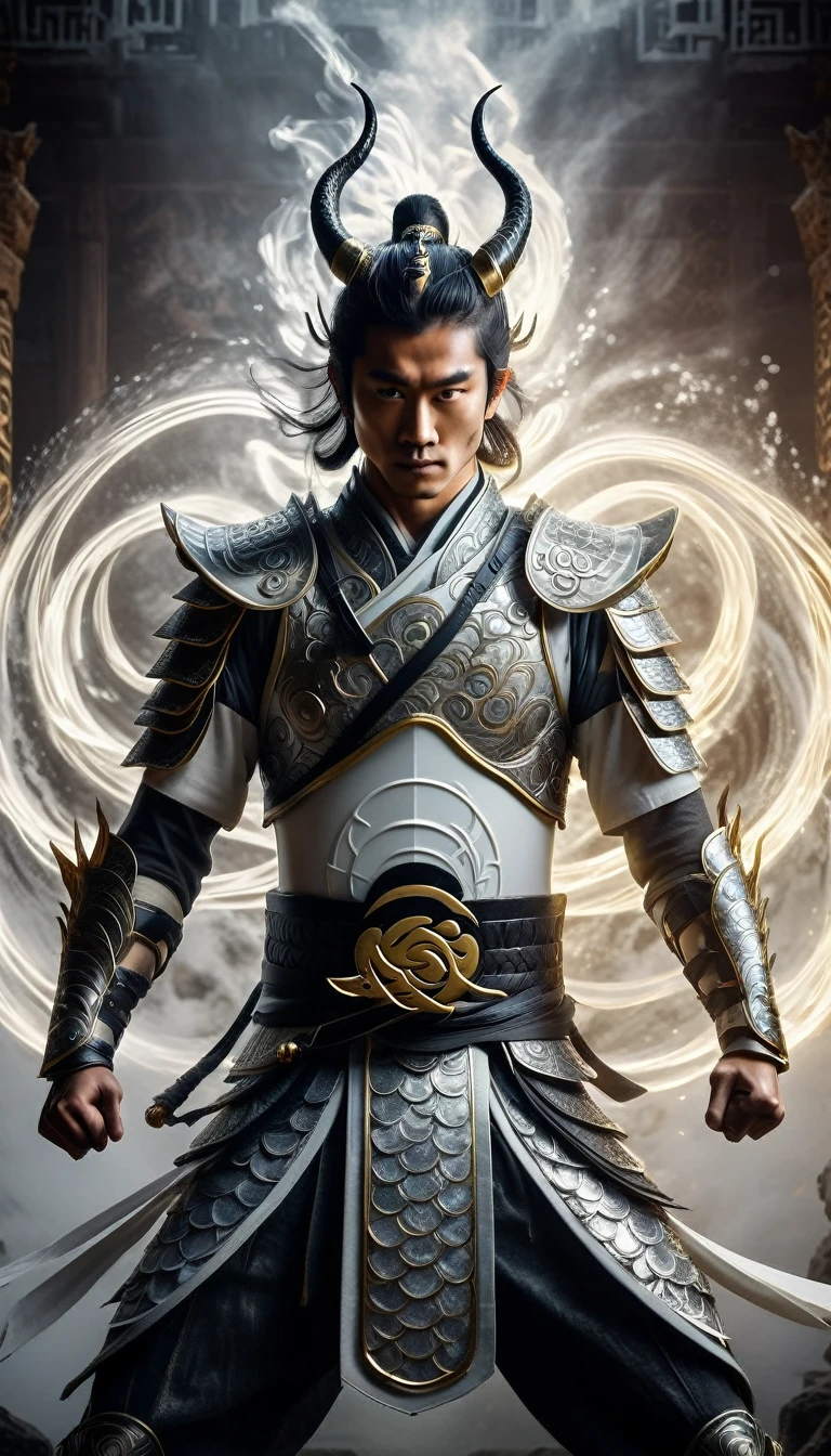 Generate an awe-inspiring image of a powerful warrior standing in a dynamic stance, holding a glowing Chi symbol between his hands, which emanates vibrant energy waves. The Chi symbol should be intricate, surrounded by swirling golden and ethereal light, symbolizing the balance of energy. The warrior’s attire should be traditional and ornate, with intricate details in the armor reflecting the light from the Chi. Behind the warrior, create two dragons—one white and one black—coiled in a yin-yang pattern, their scales shimmering as they radiate energy, representing the duality of forces. The background should be a mystical, fog-covered landscape with subtle ancient ruins and symbols, emphasizing the mystical and ancient power the warrior commands. The lighting should be dramatic, with shadows highlighting the warrior’s intense expression and the detailed design of the Chi symbol, creating a sense of both calm and immense power.