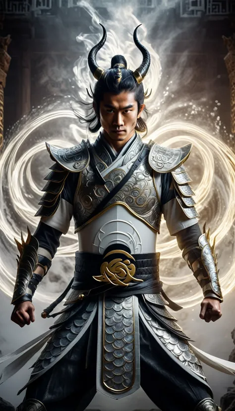 generate an awe-inspiring image of a powerful warrior standing in a dynamic stance, holding a glowing chi symbol between his han...