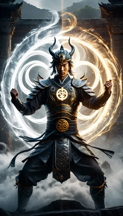 generate an awe-inspiring image of a powerful warrior standing in a dynamic stance, holding a glowing chi symbol between his han...