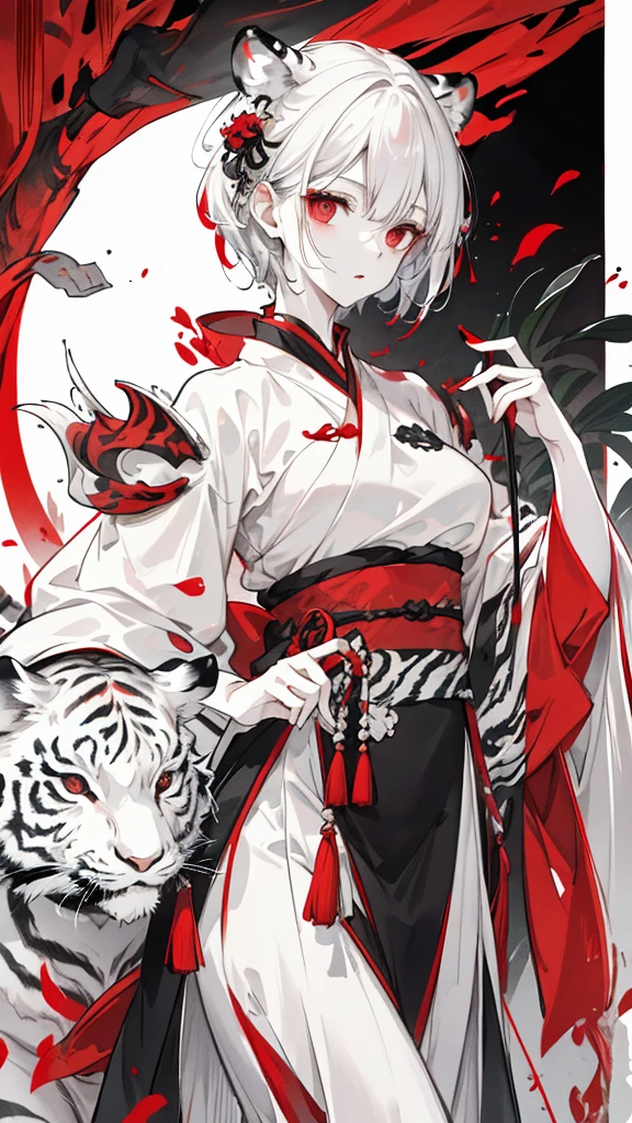 Short white hair，Red eyes，Black and white tiger pattern Hanfu armor，Black and white dagger