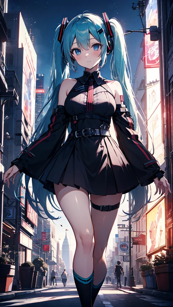 top-quality,in 8K,masterpiece,highly detailed,Impressionism,Photorealsitic,deep-shadows,blurry backround,realisitic,Cinematic lighting,film grains,perfect anatomy,depth of fields,elaborate design,cowboy shot,very cute girl,((Hatsune Miku)),beautiful detailed eyes,Expressionless,sexy body,tits,super detailed shiny skin,super detailed cute dress,Half-naked costume,detailed mini skirt,thighs,thighs,in futuristic cyber city,buildings,((Skyscraper)),midnight city,big moon