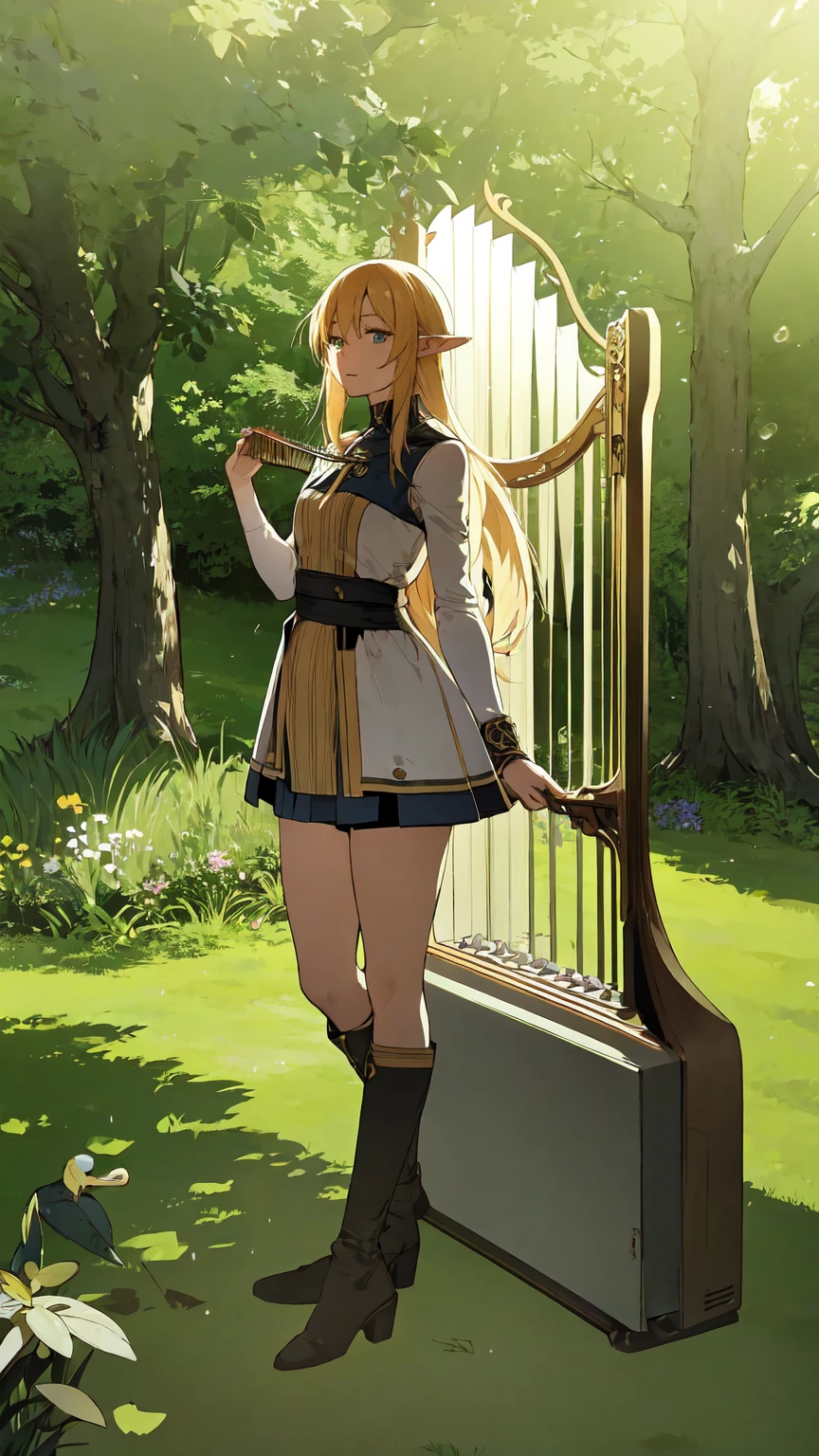 *"A full-body anime-style illustration of an elf woman ((solo)) standing and ((playing a small harp)). She has a delicate, elegant appearance with long, flowing hair and pointed ears, characteristic of elves. She is dressed in travel attire, including a short pair of shorts and knee-high boots with heels. Her outfit features light armor pieces with nature-inspired designs, and a small, practical cape. The setting is outdoors, possibly a forest or a grassy area, with soft, natural light. The overall art style is similar to Genshin Impact, with vibrant colors, intricate details, and a fantastical atmosphere, fullhd, 4k quality, highre solution"*