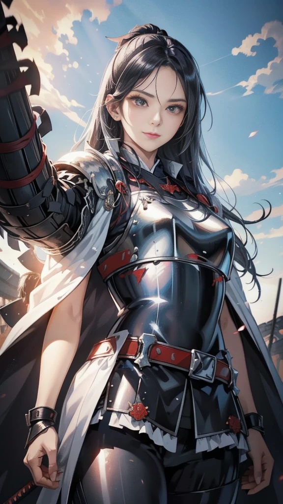 Black Hair：1.3, Amazing character art, ((Silver Knight Armor:1.3 )),((Pure white background)), 3d rendering character art 8k, Handsome，Beautiful female knight, 2. 5D CGI Anime Fantasy Artwork, Detailed digital art, Very nice work of art, Fan Art Best Art Station, (Red velvet long cape),(Stretch your open hand forward:1.3), (Hands on hips),(on stage:1.2),((From below)),Eyes looking into the distance,(A female general gives orders to her soldiers:1.3),Muscular,(samurai:1.2),Confident，An inappropriate smile，teasing，Overbearing