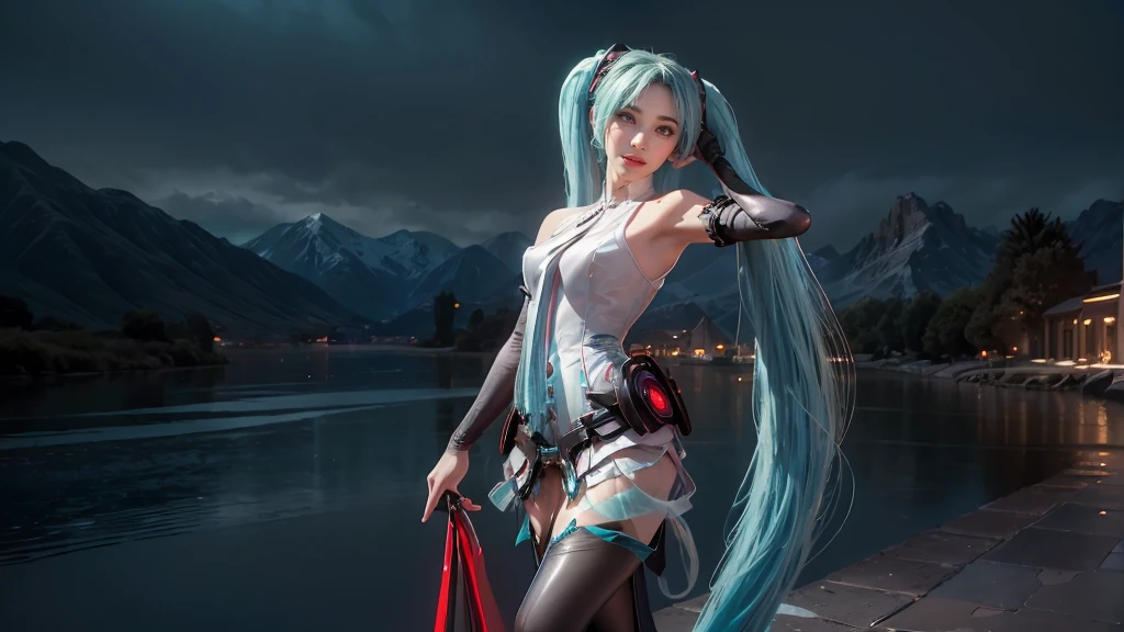 masterpiece,Game Art,Best picture quality,Maximum resolution,8k,(Upper Body,ambush),Unreal Engine 5 rendering works,Ray Tracing,RAW photos,(((Hatsune Miku Character))), (((Tosca Hair Color))), ((Long double ponytail hairstyle)), Enjoy the scenery, Focus on the Horizon, (((Perfect eyes))), (((Smile))), 21-year-old girl, Perfect body, (((Perfect anatomical structure))), Tosca Eye Color, Double eyelids, (((Small breasts))), Very detailed skin texture, (Realistic skin), Ultra-fine face, Delicate lips, (((Delicate eyes))), (((Double eyelids))), necklace, Moist skin, Wet hair, Simple background, (Front focus), (On the peaks:1.6), (((Night Atmosphere))), Deep Dark, Surrealist Portraits of Women by David Hockney and Alphonse Mucha, Fantasy Art, (((Photo-realistic))), ((Dynamic poses)), (((World Model Poses))), Dynamic Lighting, Art Station, poster, Volumetric Lighting, Very detailed faces, 4K, in the darkness, (((Night Atmosphere))), ((Deep Shadows)), Low profile, Cowboy shooting, (((Red long skirt))), Lighting Dress, (((Erotic lace dress))), (((stocking))),((3D Unreal Engine)),OC rendering reflection mode