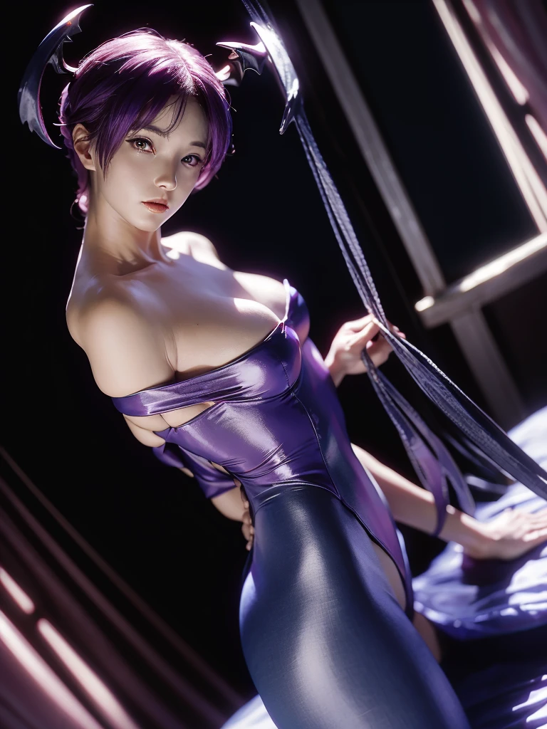 (​masterpiece、top-quality、hight resolution), Create an image featuring a gentle and calm housewife wearing a cosplay costume from the work 【Lilith - Darkstalkers】. The scene should be shown from the perspective of the person she is showing it to. Ensure the following:
1. The housewife has a gentle and calm demeanor.
2. She is wearing a cosplay costume from the specified work 【Lilith - Darkstalkers】.
3. The perspective is from the viewer's point of view, as if they are seeing her show off the costume.
4. The background should suggest a comfortable, private setting, like a living room or bedroom. nsfw