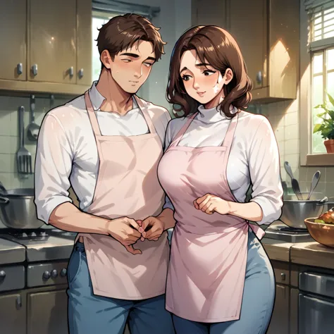 white mature woman with brown hair, wearing blue pants and a pink turtleneck sweater, he's wearing a kitchen apron.