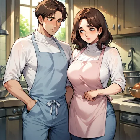 white mature woman with brown hair, wearing blue pants and a pink turtleneck sweater, he's wearing a kitchen apron.