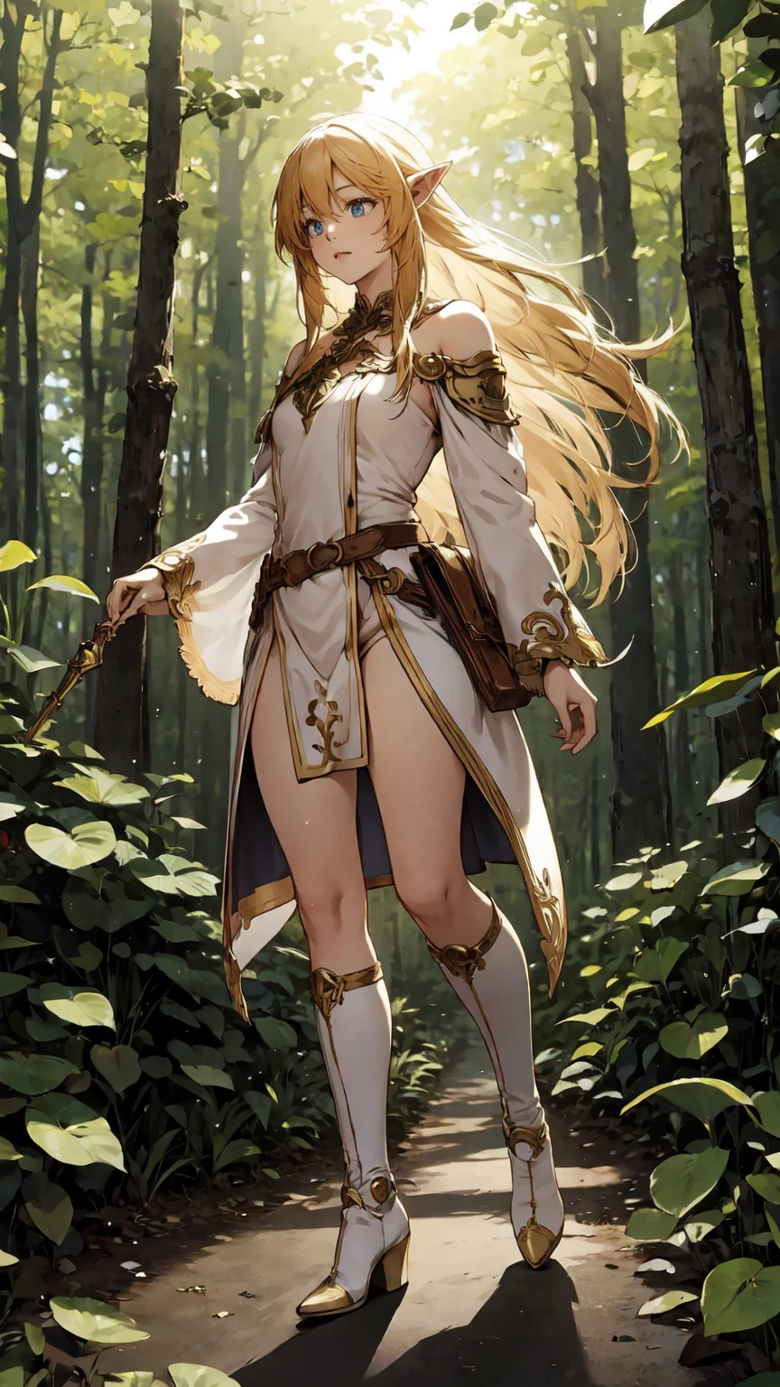 *"A full-body anime-style illustration of a standing elf woman playing a small harp. She has a delicate and graceful appearance with long, flowing hair and pointed ears, characteristics of elves. She is dressed in elven clothing, a transparent loincloth, a transparent chest veil, and knee-high boots with heels. Her outfit features light armor pieces with nature-inspired designs and a handy little cape. The setting is outdoors, possibly a forest or grassy area, with soft, natural lighting. The overall art style is similar to Genshin Impact, with vibrant colors, intricate details, and a fantastical atmosphere."*