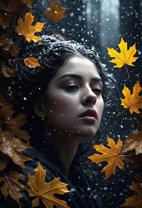 cat, first snow, flakes, partial snow cover, cinematic film still, breathtaking, falling leaves, melancholic mood, papery textur...