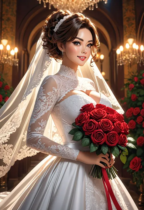 ((masterpiece, best quality, highly dramatic picture, cinematic lens effect,(modest wedding dress ( fake rose bouquet, elaborate...