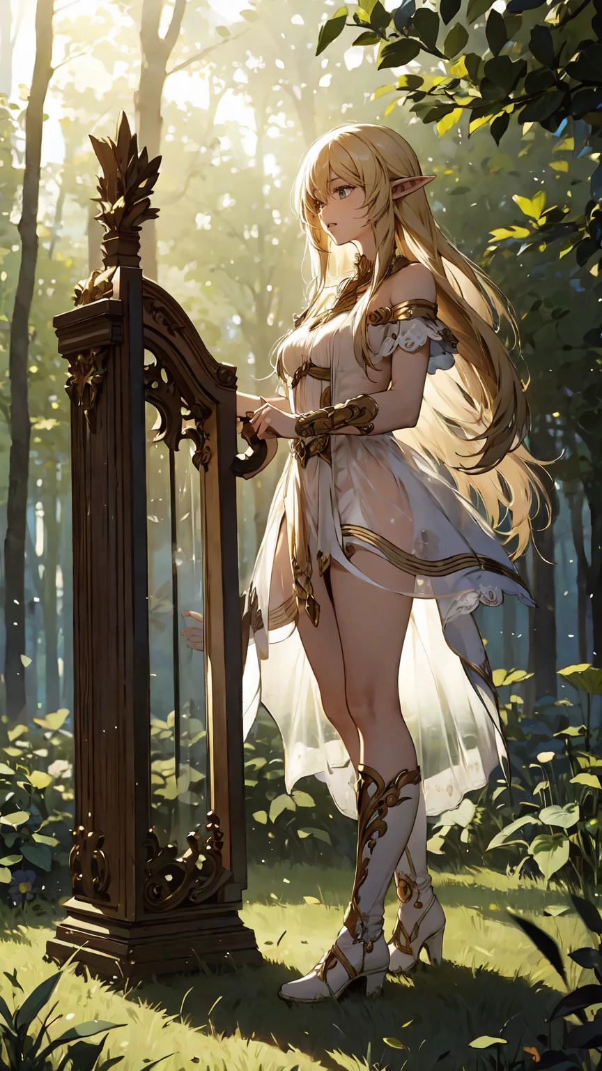 *"A full-body anime-style illustration of a standing elf woman , large breasts, long hair, playing a ((small harp)). She has a delicate and graceful appearance with long, flowing hair and pointed ears, characteristics of elves. She is dressed in elven clothing, a transparent loincloth, a transparent chest veil, (( transparent clothing,  see-through)), and knee-high boots with heels. Her outfit features light armor pieces with nature-inspired designs and a handy little cape. The setting is outdoors, possibly a forest or grassy area, with soft, natural lighting. The overall art style is similar to Genshin Impact, with vibrant colors, intricate details, and a fantastical atmosphere."*