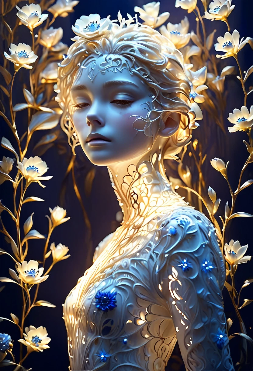 Midjourney, MJ, Midjourney style, realism, cinematic quality, play of light, gradient, glow, porcelain skin, dutch tilt, dynamic pose, white porcelain girl with blue flowers, stunning art, abstract, floral, gold thread lace, predominantly white, centered, key visual image, intricate, highly detailed, breathtaking beauty, precise line drawing, vivid, all-encompassing, cinematic, still, digital art, perfect composition, soft natural volumetric cinematic perfect light, chiaroscuro, Midjourney, MJ, Midjourney style, realism, cinematic quality, play of light, gradient, glow, porcelain skin, dutch tilt, dynamic pose, white porcelain girl with blue flowers, stunning art, abstract, floral, gold thread lace, predominantly white, centered, key visual image, intricate, highly detailed, breathtaking beauty, precise line drawing, vivid, all-encompassing, cinematic, still, digital art, perfect composition, soft natural volumetric cinematic perfect light, chiaroscuro, sharp focus, great fine detail, very coherent, ambient background, artistic, pristine, magical, epic, singular, beautiful, sublime, dramatic, complex, extremely color, illuminated, rich deep colors, surreal