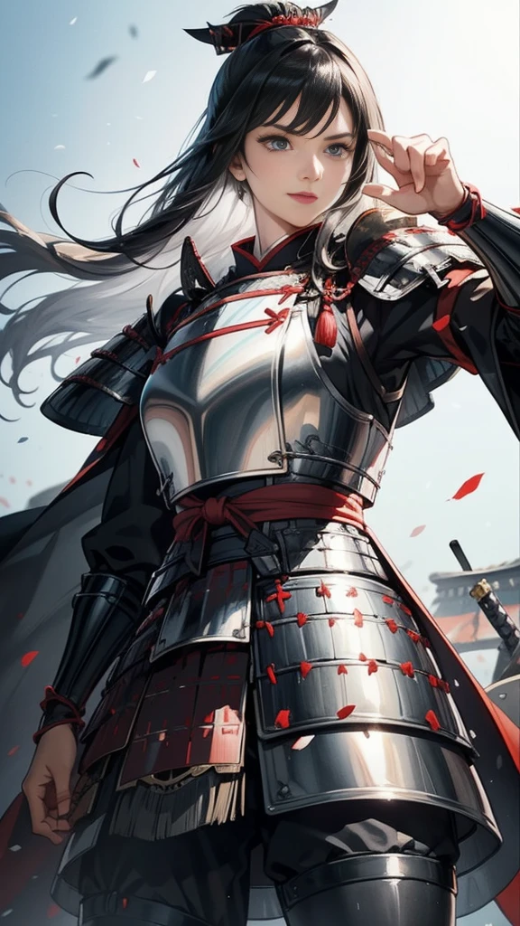 Black Hair：1.3, Amazing character art, ((Silver Knight Armor:1.3 )),((Pure white background)), 3d rendering character art 8k, Handsome，Beautiful female knight, 2. 5D CGI Anime Fantasy Artwork, Detailed digital art, Very nice work of art, Fan Art Best Art Station, (Red velvet long cape),(Stretch your open hand forward:1.3), (Hands on hips),(on stage:1.2),((From below)),Eyes looking into the distance,(A female general gives orders to her soldiers:1.3),Muscular,(samurai:1.2),Confident，An inappropriate smile，teasing，Overbearing，samurai：1.2，Japan