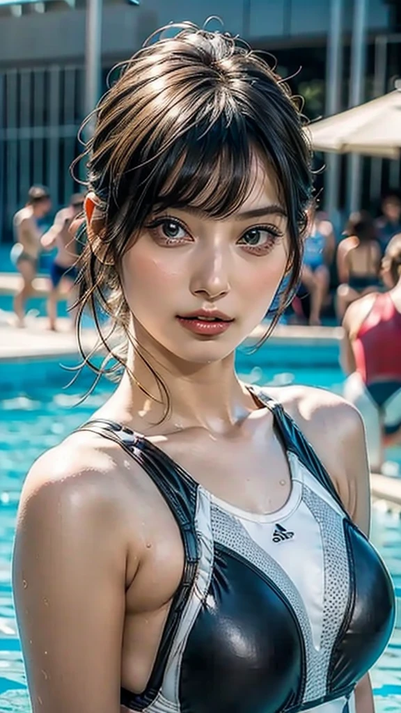 ((Beautiful Face:1.4)), (Purelos Face_v1: 1.0), (((Upper Body))),Highest quality, masterpiece, Ultra-high resolution, (Realistic: 1.4), RAW Photos, 1 person, Black Hair, Glowing Skin, Wet body, Dramatic lighting, whole body, (((One-piece swimsuit for athletes))), huge,big breasts