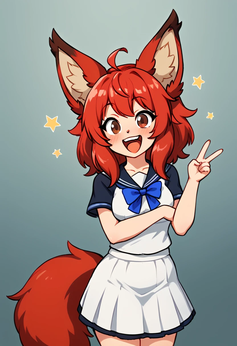 An girl with red hair, fluffy ears and brown eyes, excited