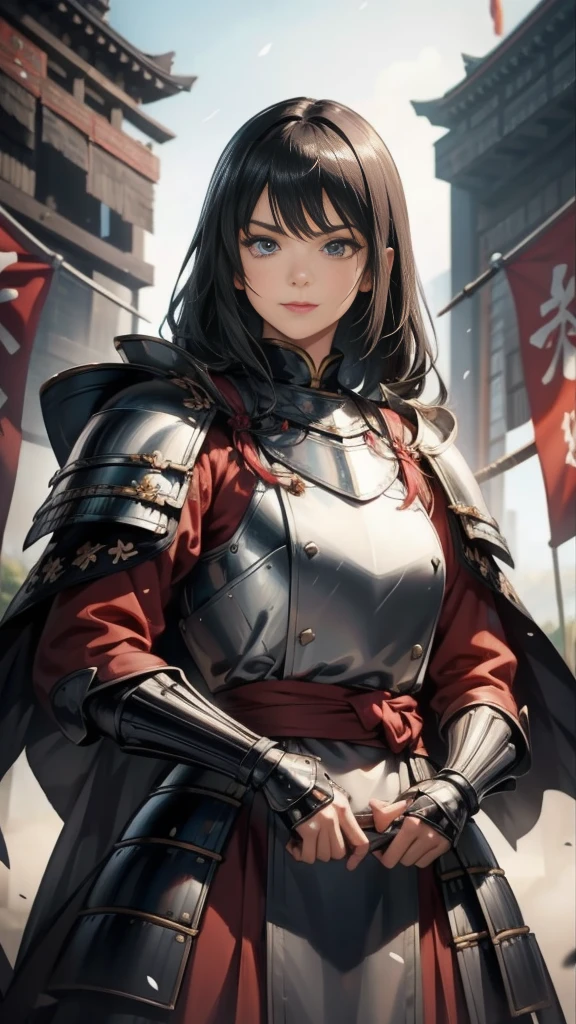 Black Hair：1.3, Amazing character art, ((Silver Knight Armor:1.3 )),((Pure white background)), 3d rendering character art 8k, Handsome，Beautiful female knight, 2. 5D CGI Anime Fantasy Artwork, Detailed digital art, Very nice work of art, Fan Art Best Art Station, (Red velvet long cape),(Stretch your open hand forward:1.3), (Hands on hips),(on stage:1.2),((From below)),Eyes looking into the distance,(A female general gives orders to her soldiers:1.3),Muscular,(samurai:1.2),Confident，An inappropriate smile，teasing，Overbearing，samurai：1.2，Japan