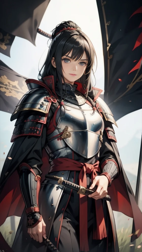 Black Hair：1.3, Amazing character art, ((Silver Knight Armor:1.3 )),((Pure white background)), 3d rendering character art 8k, Handsome，Beautiful female knight, 2. 5D CGI Anime Fantasy Artwork, Detailed digital art, Very nice work of art, Fan Art Best Art Station, (Red velvet long cape),(Stretch your open hand forward:1.3), (Hands on hips),(on stage:1.2),((From below)),Eyes looking into the distance,(A female general gives orders to her soldiers:1.3),Muscular,(samurai:1.2),Confident，An inappropriate smile，teasing，Overbearing，samurai：1.2，Japan