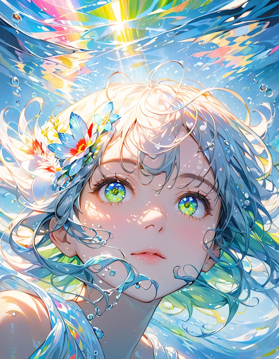 Girl swimming underwater,Ultra-detailed rendering style,shine,yellow,green,Brush,Surreal oil painting,Shining Eyes,Head close-up,Exaggerated perspective,Tyndall effect,Water Drop,Mother of pearl rainbow color,holographic white,Black background,