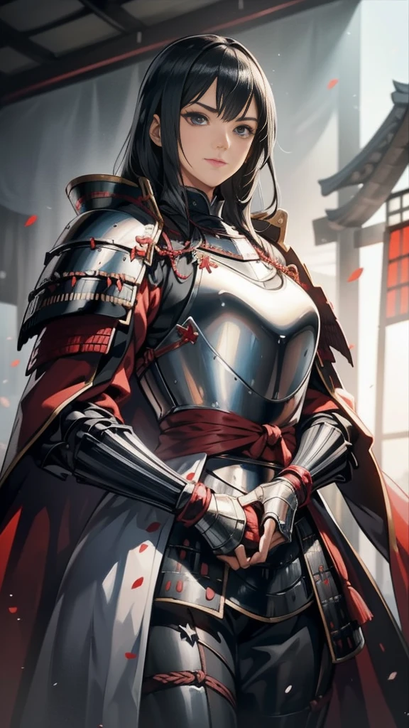 Black Hair：1.3, Amazing character art, ((Silver Knight Armor:1.3 )),((Pure white background)), 3d rendering character art 8k, Handsome，Beautiful female knight, 2. 5D CGI Anime Fantasy Artwork, Detailed digital art, Very nice work of art, Fan Art Best Art Station, (Red velvet long cape),(Stretch your open hand forward:1.3), (Hands on hips),(on stage:1.2),((From below)),Eyes looking into the distance,(A female general gives orders to her soldiers:1.3),Muscular,(samurai:1.2),Confident，An inappropriate smile，teasing，Overbearing，samurai：1.2，Japan