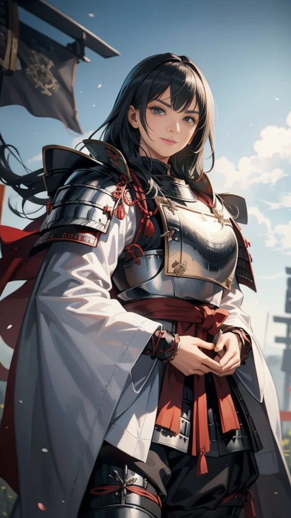 Black Hair：1.3, Amazing character art, ((Silver Knight Armor:1.3 )),((Pure white background)), 3d rendering character art 8k, Handsome，Beautiful female knight, 2. 5D CGI Anime Fantasy Artwork, Detailed digital art, Very nice work of art, Fan Art Best Art Station, (Red velvet long cape),(Stretch your open hand forward:1.3), (Hands on hips),(on stage:1.2),((From below)),Eyes looking into the distance,(A female general gives orders to her soldiers:1.3),Muscular,(samurai:1.2),Confident，An inappropriate smile，teasing，Overbearing，samurai：1.2，Japan