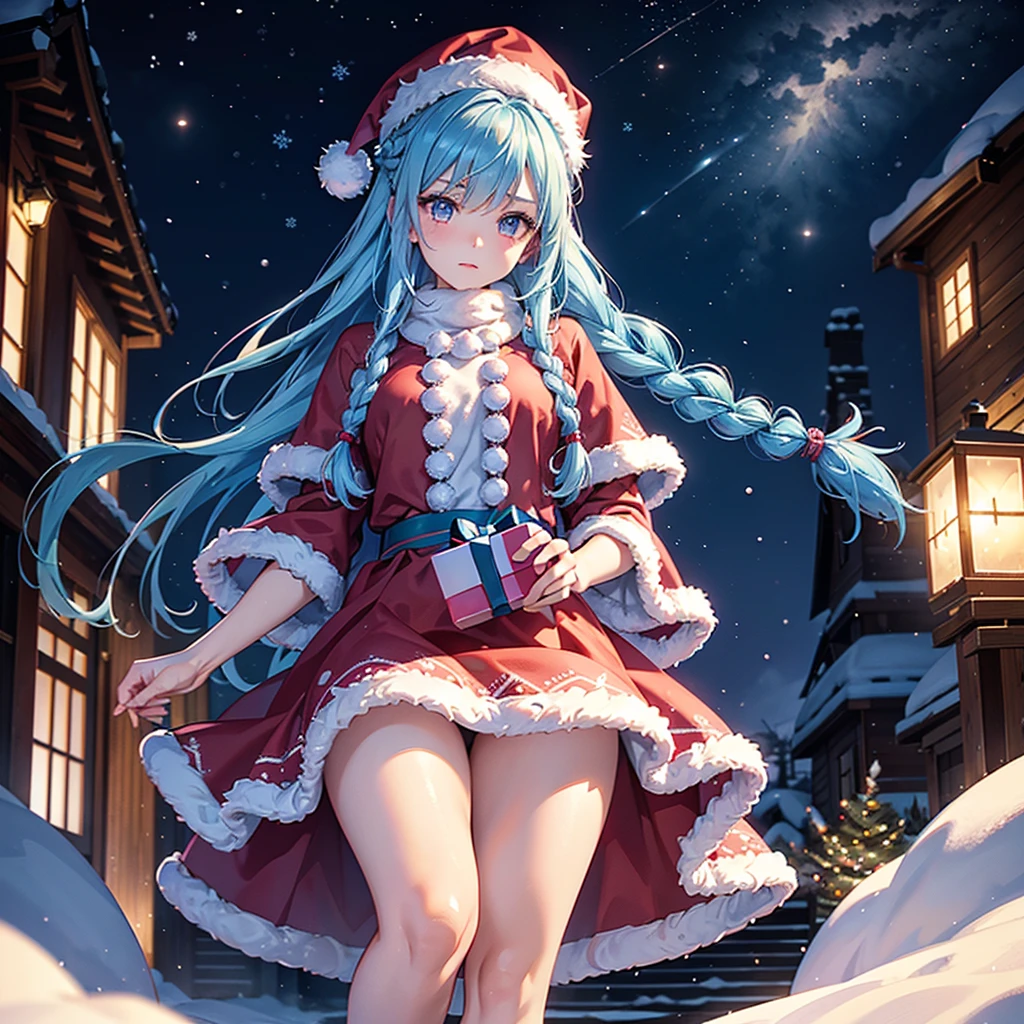 (Sky Blue Hair),((Braided Hair:1.2)),(Pink Eyes),(Fair Skin),(Full Body),(Alone),(Santa Claus Clothes),(Giant Christmas Tree in the Background),(Snowy Night),Sparkling Night Sky,snowman,gift box,(Masterpiece, Top Quality, Very Detailed, Best Shadows),(Detailed Background),(Beautifully Detailed Face),High Contrast,(Best Lighting, Very Delicate and Beautiful),((Cinematic Light)),Hyper Detail,8k,Dramatic Light,Exquisite Detail,