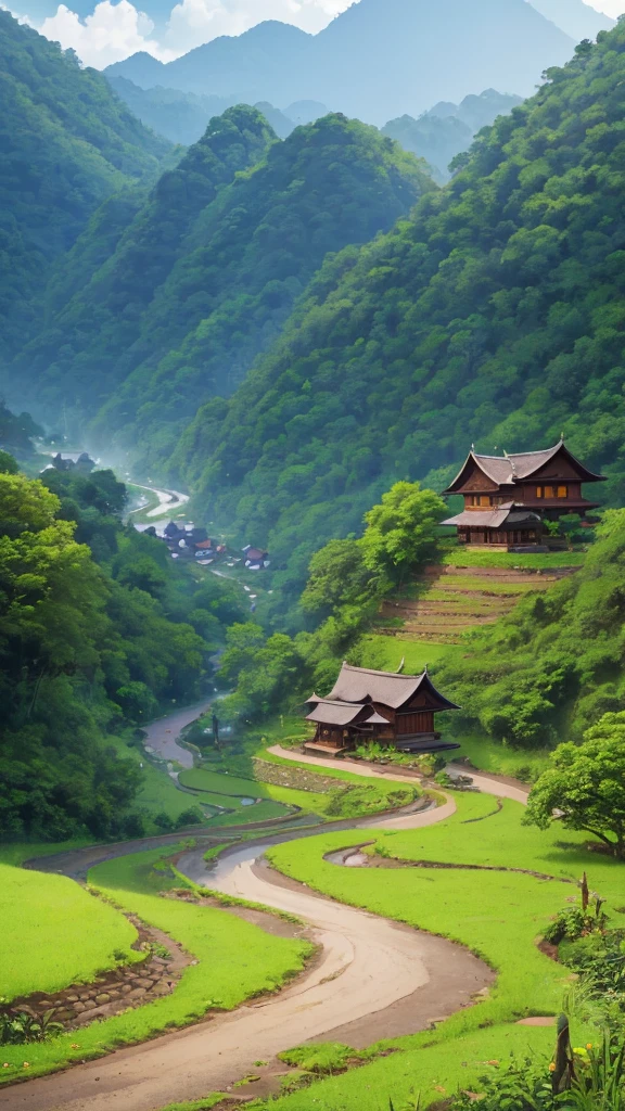 detailed curvy road, curvy stream, mountain landscape, small rural village, traditional Myanmar architecture, thatched roofs, wooden houses, dirt paths, lush green vegetation, overgrown foliage, warm lighting, soft colors, atmospheric haze, serene tranquil mood, realistic detailed 4k, masterpiece, ultra-detailed, hyper-realistic, cinematic, natural lighting