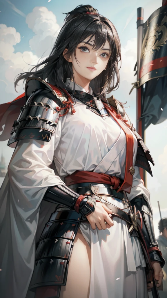 Black Hair：1.3, Amazing character art, ((Silver Knight Armor:1.3 )),((Pure white background)), 3d rendering character art 8k, Handsome，Beautiful female knight, 2. 5D CGI Anime Fantasy Artwork, Detailed digital art, Very nice work of art, Fan Art Best Art Station, (Red velvet long cape),(Stretch your open hand forward:1.3), (Hands on hips),(on stage:1.2),((From below)),Eyes looking into the distance,(A female general gives orders to her soldiers:1.3),Muscular,(samurai:1.2),Confident，An inappropriate smile，teasing，Overbearing，samurai：1.2，Japan