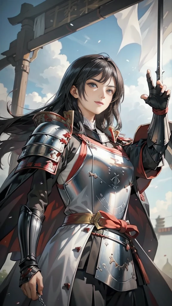 Black Hair：1.3, Amazing character art, ((Silver Knight Armor:1.3 )),((Pure white background)), 3d rendering character art 8k, Handsome，Beautiful female knight, 2. 5D CGI Anime Fantasy Artwork, Detailed digital art, Very nice work of art, Fan Art Best Art Station, (Red velvet long cape),(Stretch your open hand forward:1.3), (Hands on hips),(on stage:1.2),((From below)),Eyes looking into the distance,(A female general gives orders to her soldiers:1.3),Muscular,(samurai:1.2),Confident，An inappropriate smile，teasing，Overbearing，samurai：1.2，Japan