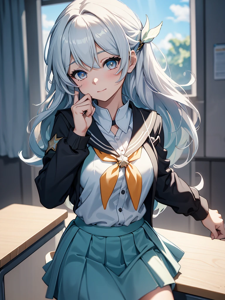 (Firfly from Honkai starrail game), 1girl, as a highschool girl, wearing a school uniform with white shirt and blue skirt, at a classroom , 8k, high detailed, high quality