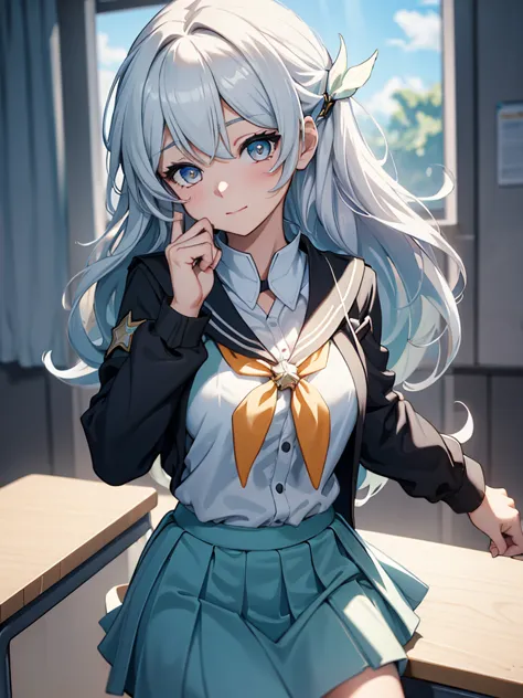 (firfly from honkai starrail game), 1girl, as a highschool girl, wearing a school uniform with white shirt and blue skirt, at a ...