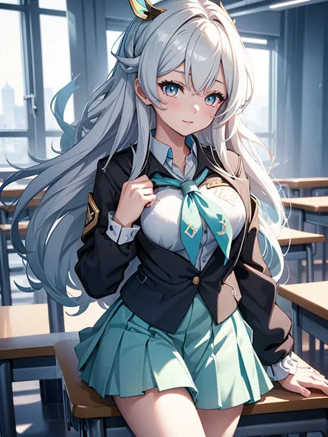 (firfly from honkai starrail game), 1girl, as a highschool girl, wearing a school uniform with white shirt and blue skirt, at a ...