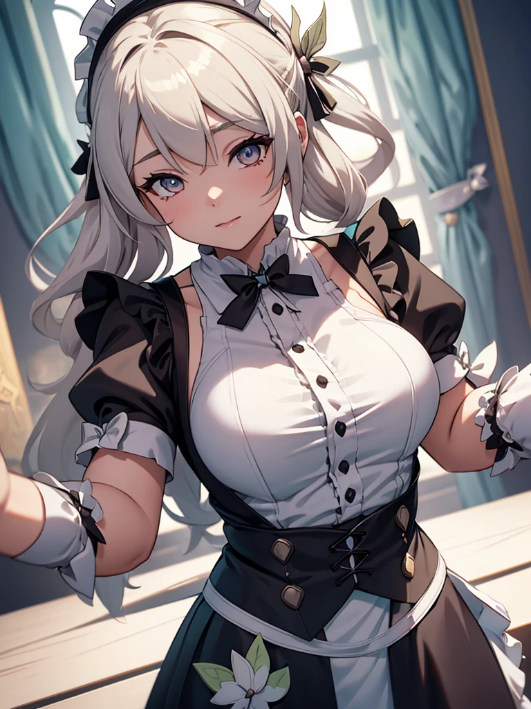 (Firfly from Honkai starrail game), 1girl, as a maid, wearing a maid outfit, at a house , 8k, high detailed, high quality