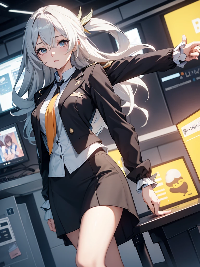 (Firfly from Honkai starrail game), 1girl, wearing a office suit, black tight skirt, at an office , 8k, high detailed, high quality