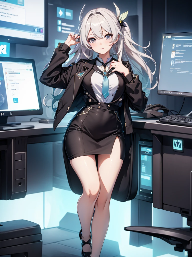 (Firfly from Honkai starrail game), 1girl, wearing a office suit, black tight skirt, at an office , 8k, high detailed, high quality