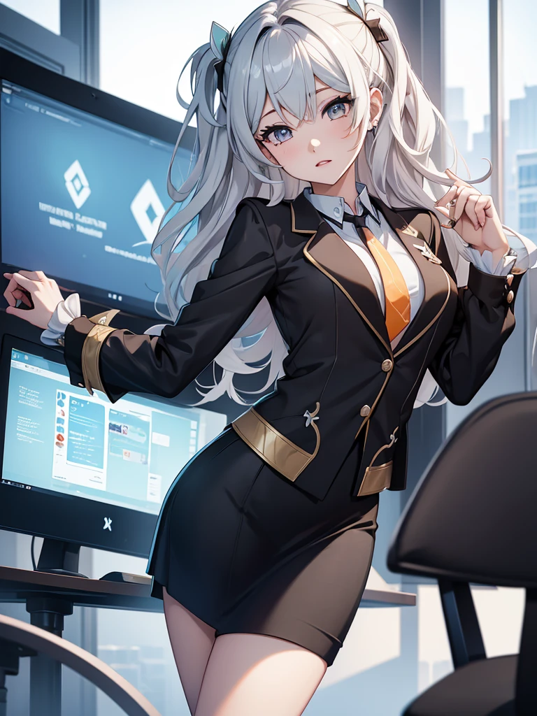 (Firfly from Honkai starrail game), 1girl, wearing a office suit, black tight skirt, at an office , 8k, high detailed, high quality