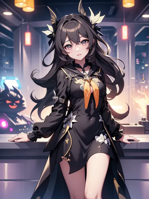 (firfly from honkai starrail game), 1girl, wearing a black colour stylish party frock, at a night party, 8k, high detailed, high...