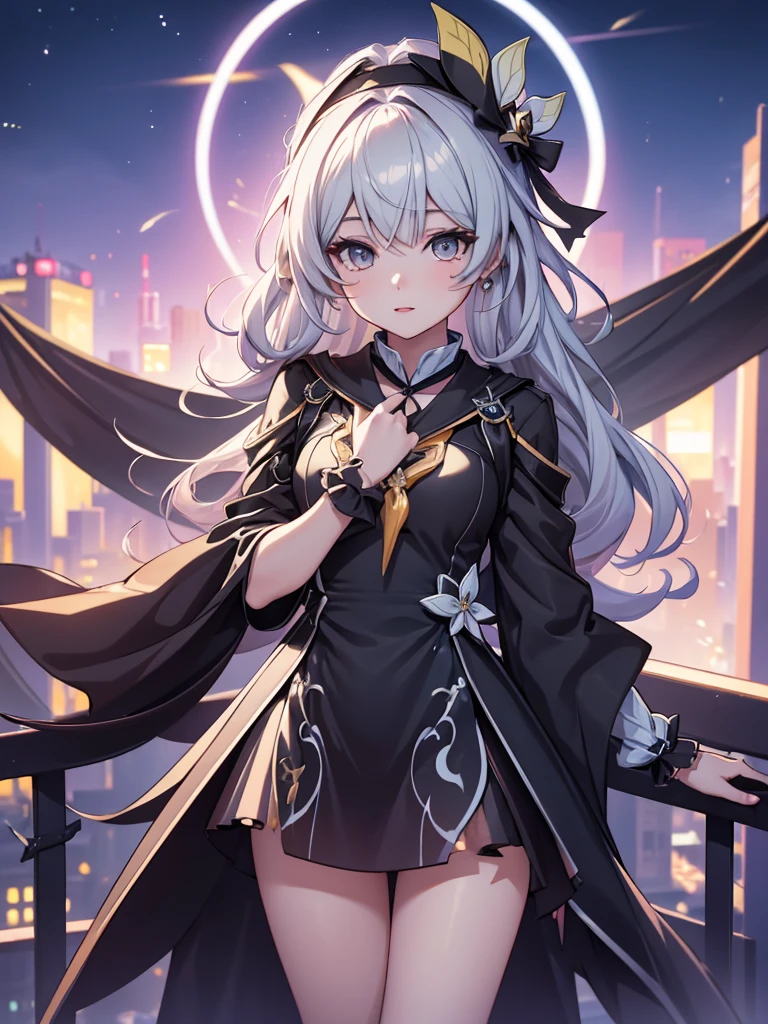 (Firfly from Honkai starrail game), 1girl, wearing a black colour stylish party frock, at a night party, 8k, high detailed, high quality