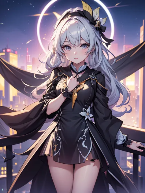 (firfly from honkai starrail game), 1girl, wearing a black colour stylish party frock, at a night party, 8k, high detailed, high...