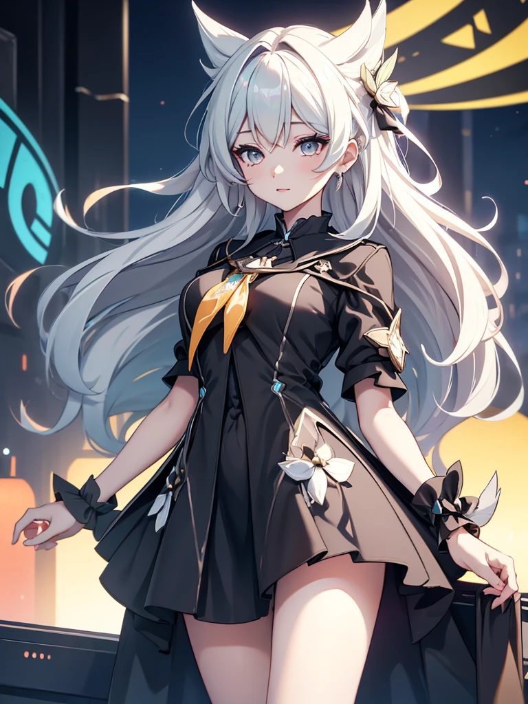 (Firfly from Honkai starrail game), 1girl, wearing a black colour stylish party frock, at a night party, 8k, high detailed, high quality