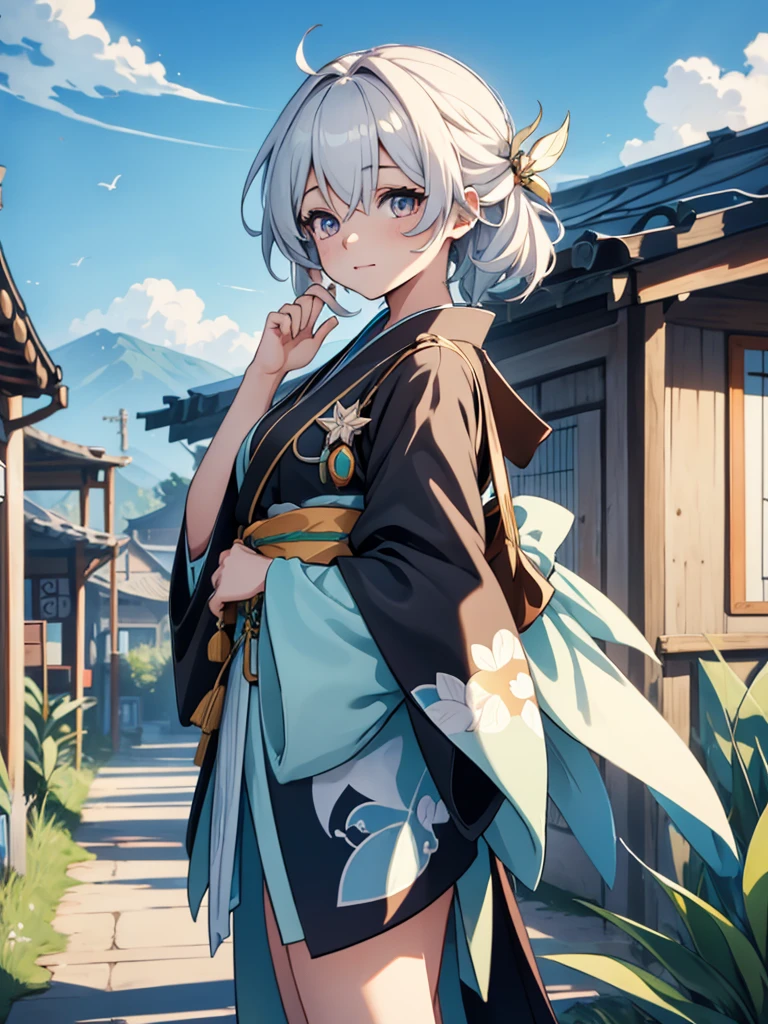 (Firfly from Honkai starrail game), 1girl, wearing a long Japanese kimono, at a village , 8k, high detailed, high quality