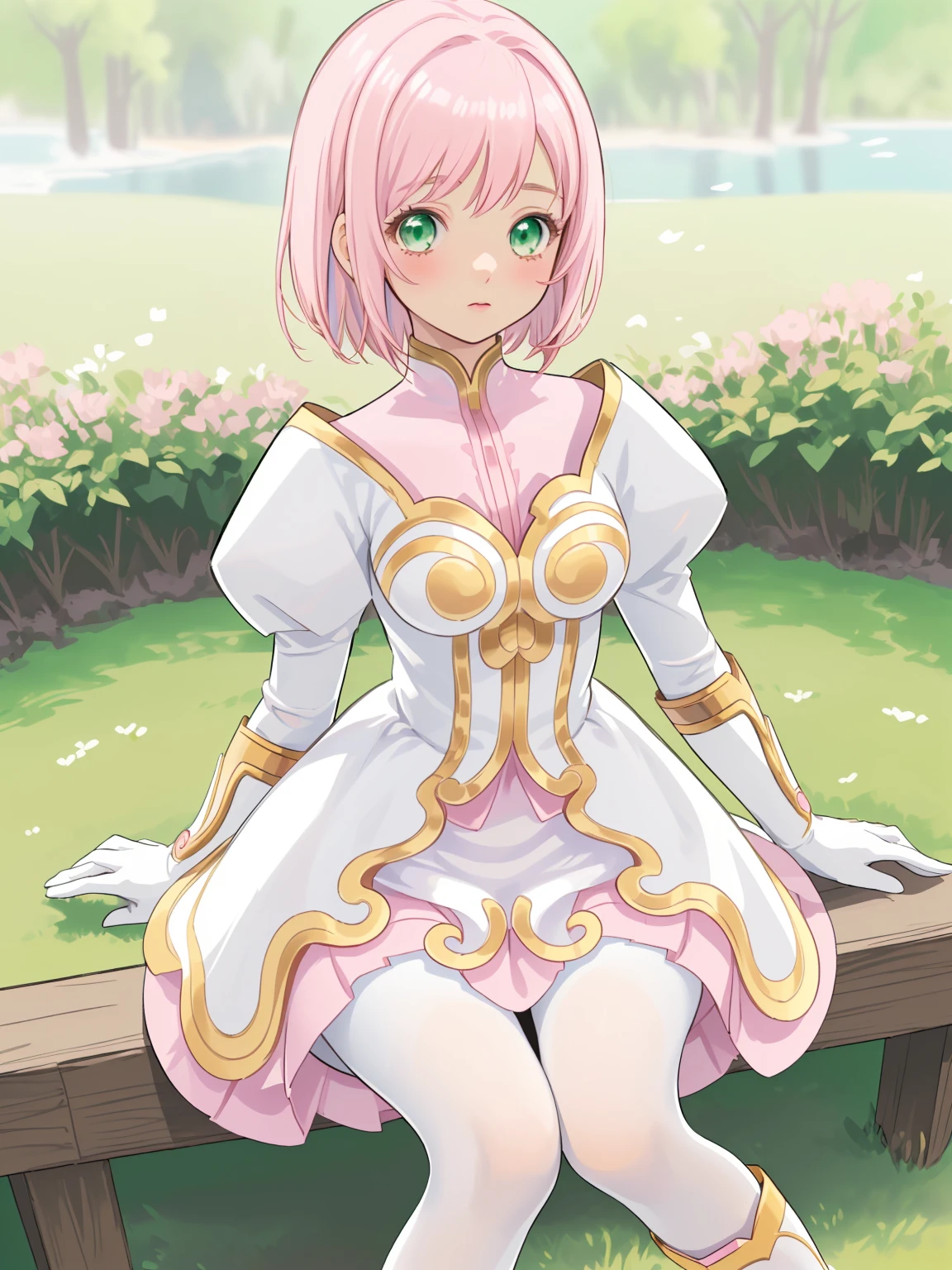 masterpiece, Highest quality, alone, One Girl,Estellise Sidos Heurassein, Pink Hair, short hair, Green Eyes, Small breasts, White and pink dress, Glamorous Dress, Pink collar, Pink Skirt, White boots, White gloves, (Black Pantyhose, Black legwear:1.1)whole body, Little:5, cute, (Beautifully detailed face), (Beautiful attention to detail), (Beautiful detailed hair), mini skirt, (skirt lifted by self:1.2), white panties, pov