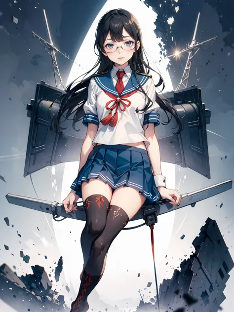 (oyodo kai　kantai collection)、((lustrous thighs))、glasses,pleated skirt、sailor suit、red tie、are standing、((紫のoverknee socks:1.5)...