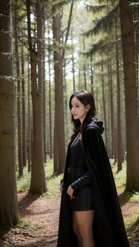 1woman in black cape standing in a forest with trees, solo,classic witch robes, black traveling cloak, wearing black clothes and...